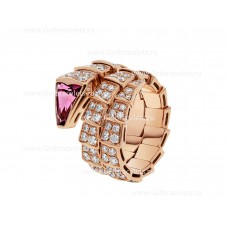 Bvlgari Serpenti Viper Twp-Coil-ring in 18K roségoud met volledige pave-diamanten en een rubelliet op het hoofd