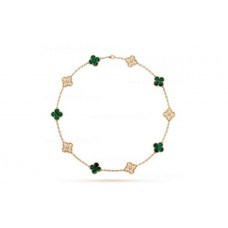 Van Cleef Arpels Alhambra ketting 10 motieven geel goud met diamanten en malachiet