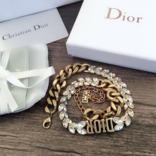 Dior DIOR Logo Charm Dikke ketting Marquise Diamond Vrouwtjes Antiek Messing Wit Kristal Faux ketting