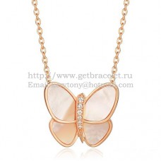Van Cleef Arpels vliegende vlinder hanger ketting roze goud met witte parelmoer diamanten