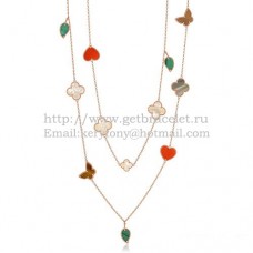 Van Cleef Arpels Lucky Alhambra lange ketting roze goud 12 motieven steencombinatie
