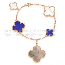 Van Cleef Arpels Magic Alhambra Armband 5 Motieven Roze Goud Met Wit Grijs Lapis Parelmoer