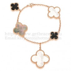 Van Cleef Arpels Magic Alhambra Armband 5 Motieven Roze Goud met Wit Grijs Parelmoer Zwarte Agaat