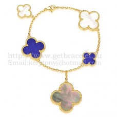 Van Cleef Arpels Magic Alhambra Armband 5 Motieven Geel Goud Met Wit Grijs Lapis Parelmoer