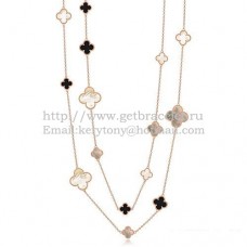 Van Cleef Arpels Magic Alhambra ketting roze goud 16 motieven met zwarte agaat wit grijs parelmoer