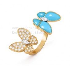 Van Cleef Arpels Two Butterfly Between the Finger Ring Geel goud met diamanten en turkoois