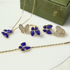 Van Cleef Arpels Twee Vlinderketting/Oorbellen/Ring Geel Goud met Diamanten en Lapis Lazuli