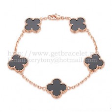 Van Cleef Arpels Alhambra Armband 5 Motieven Roze Goud met Zwarte Agaat Parelmoer