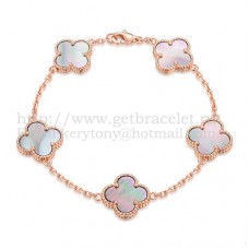 Van Cleef Arpels Alhambra Armband 5 Motieven Roze Goud met Grijs Parelmoer