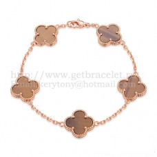 Van Cleef Arpels Alhambra Armband 5 Motieven Roze Goud met Tijgeroog Parelmoer