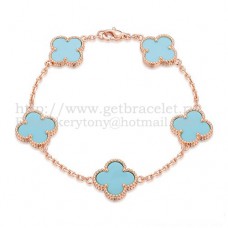 Van Cleef Arpels Alhambra Armband 5 Motieven Roze Goud met Turkoois Parelmoer