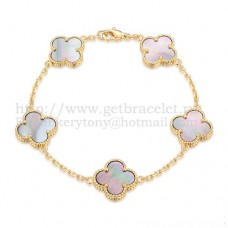 Van Cleef Arpels Alhambra Armband 5 Motieven Geel Goud Met Grijs Parelmoer