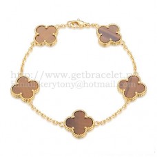 Van Cleef Arpels Alhambra Armband 5 Motieven Geel Goud Met Tijgeroog Parelmoer