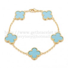 Van Cleef Arpels Alhambra Armband 5 Motieven Geel Goud Met Turkoois Parelmoer