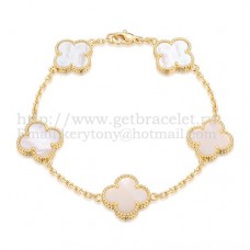 Van Cleef Arpels Alhambra Armband 5 Motieven Geel Goud Met Witte Parelmoer