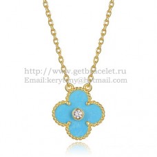 Van Cleef Arpels Alhambra hanger geel goud met turquoise parelmoer ronde diamanten